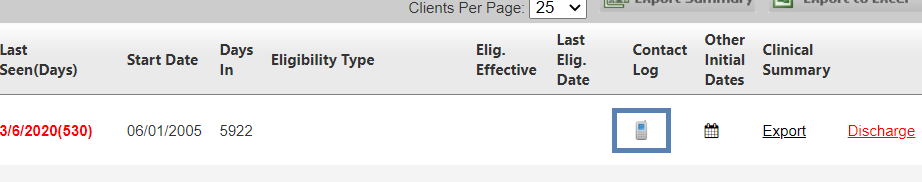 Contact Log icon in client chart
