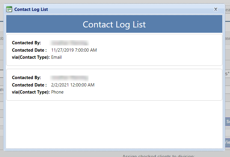 Client Content Log List pop up window